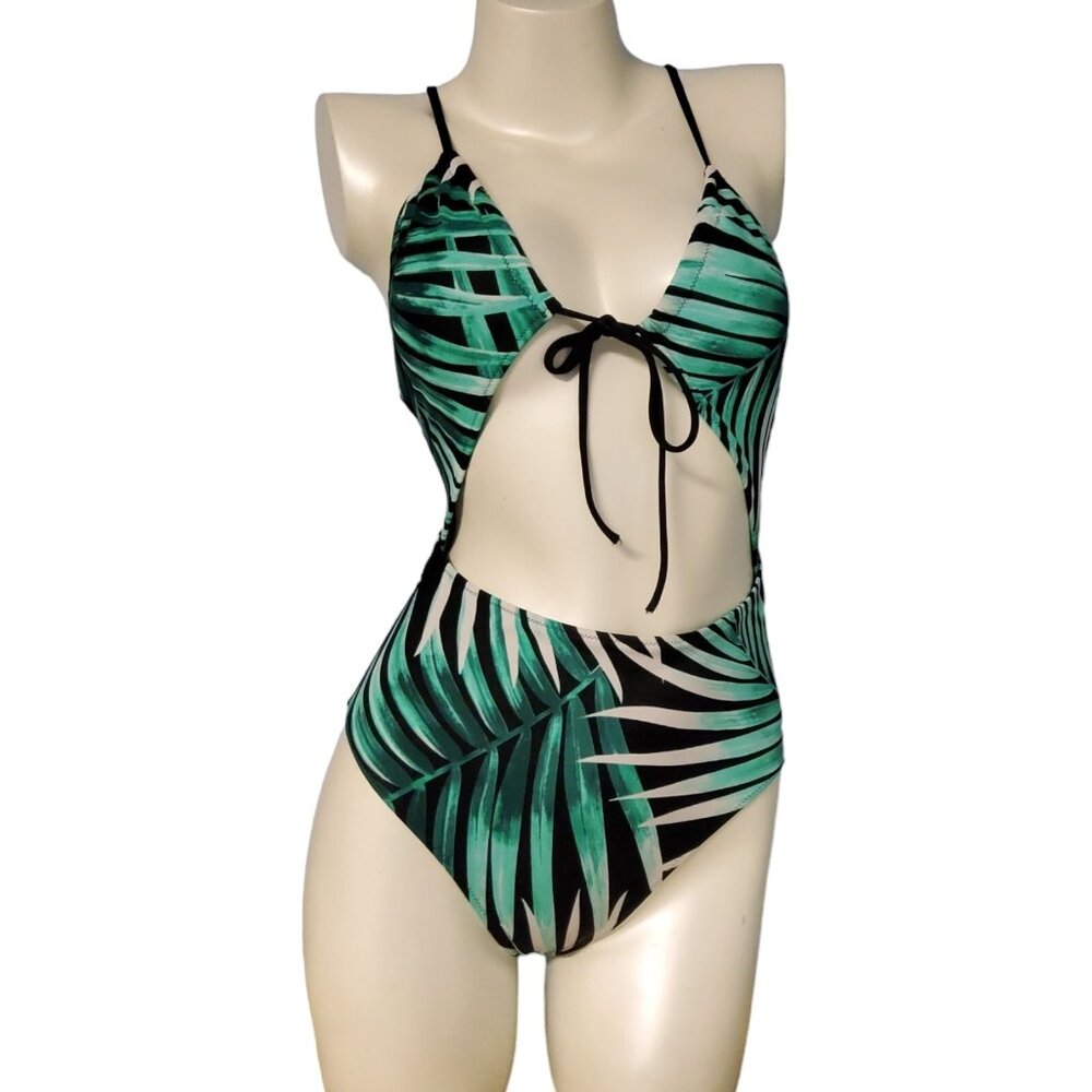PINK Victoria's Secret Swim Small Green Palm Print Cut Out One Piece Monokini S